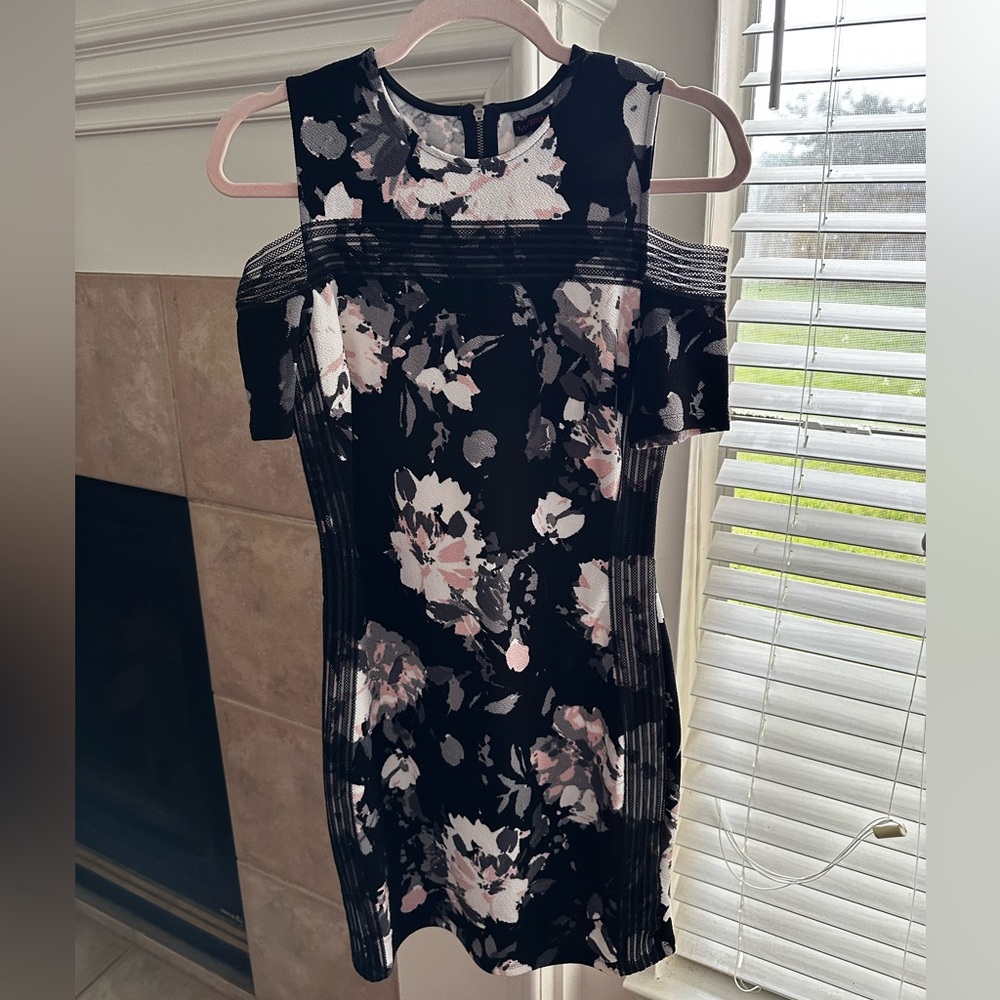 Material Girl - Black and Pink Floral Midi Dress Off the Shoulder